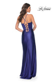 Picture of: Stretch Satin Gown with Bustier Top and Lace Up Back in Blue, Style: 32264, Detail Picture 6