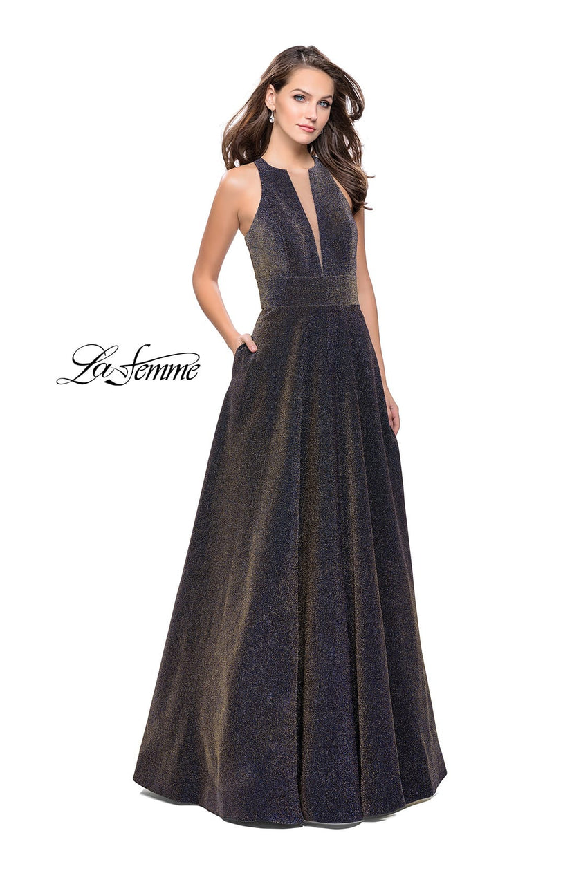 Picture of: Long Sparkling Prom Dress with High Neck and Cut Outs in Blue Gold, Style: 26073, Detail Picture 1