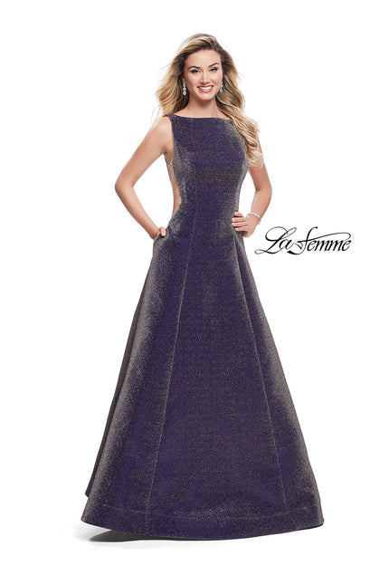 Picture of: Long Mikado Ball Gown with Boat Neckline and Pockets in Blue Gold, Style: 26231, Detail Picture 1
