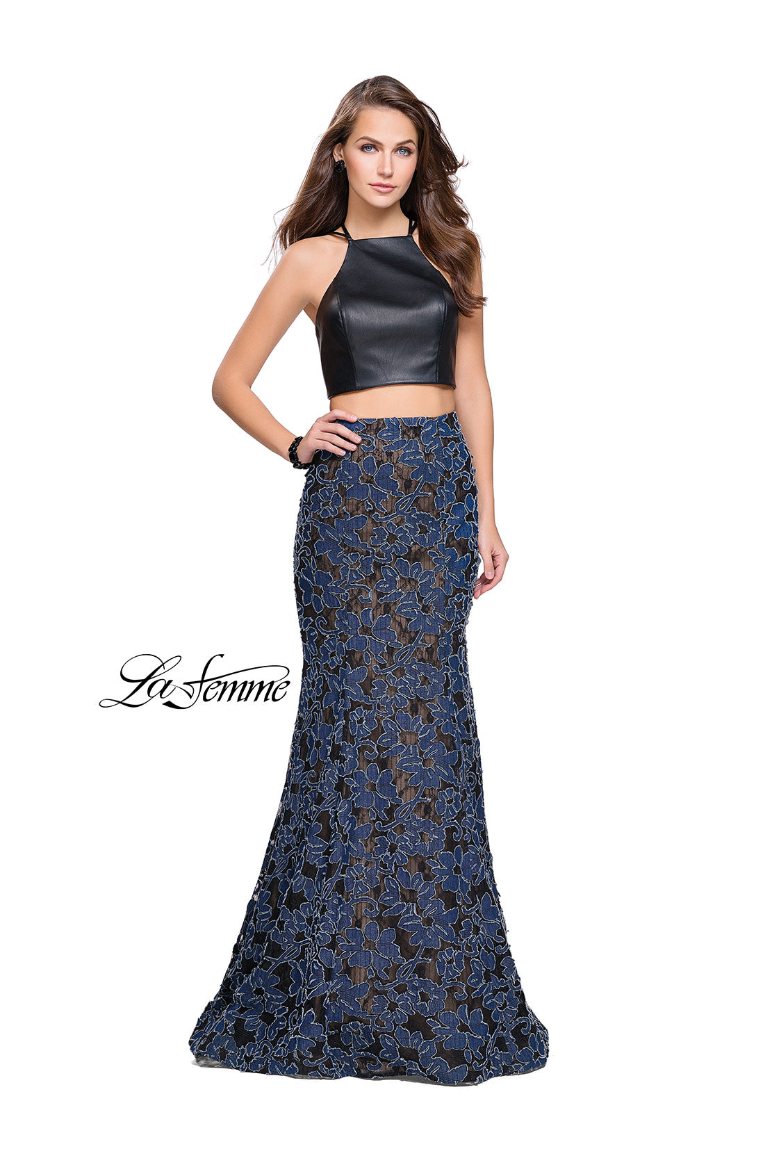 Picture of: Two Piece Mermaid Prom Dress with Vegan Leather Top in Blue Multi, Style: 25602, Main Picture