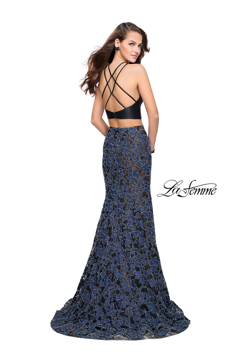 Picture of: Two Piece Mermaid Prom Dress with Vegan Leather Top in Blue Multi, Style: 25602, Back Picture