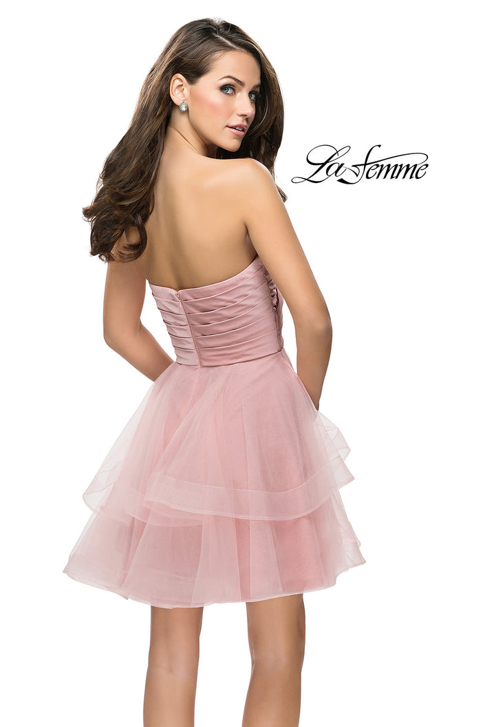 Picture of: Short Homecoming Dress with Tiered Tulle Skirt in Blush, Style: 26654, Back Picture