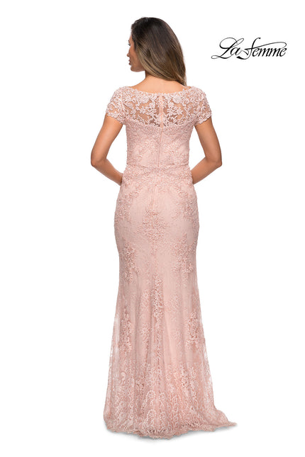 Picture of: Long Lace Evening Dress with Sheer Cap Sleeves in Blush, Style: 27856, Back Picture