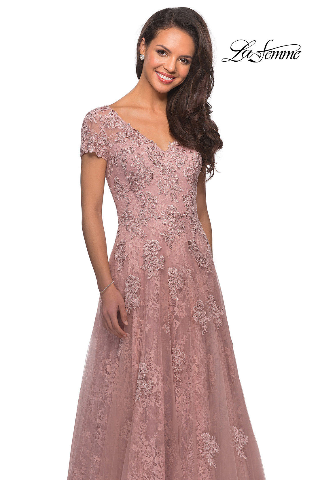 Picture of: Long A-Line Evening Dress with Short Sleeves in Blush, Detail Picture 1