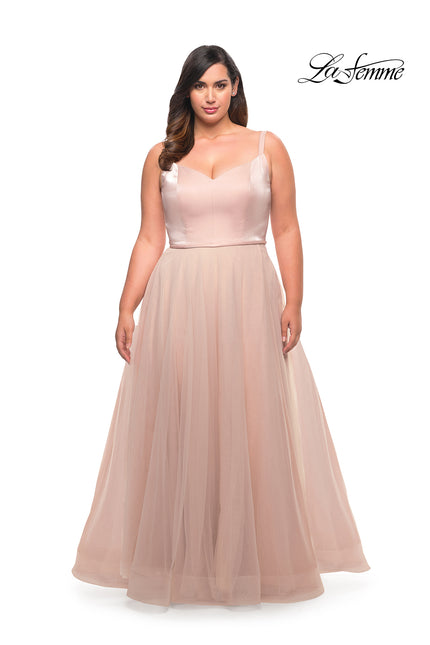 Picture of: Long Plus Size Gown with Tulle Skirt and Satin Top in Blush, Style: 29072, Detail Picture 1
