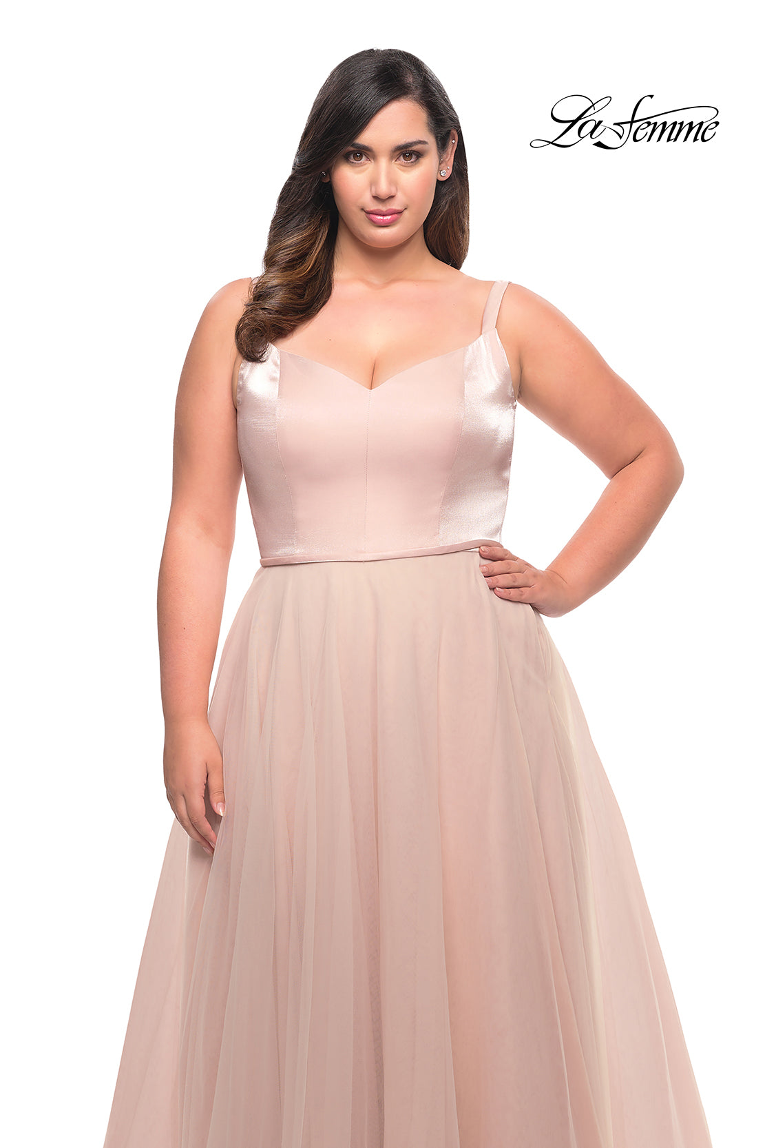 Picture of: Long Plus Size Gown with Tulle Skirt and Satin Top in Blush, Style: 29072, Detail Picture 5