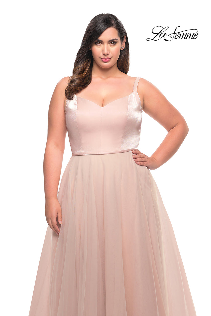 Picture of: Long Plus Size Gown with Tulle Skirt and Satin Top in Blush, Style: 29072, Detail Picture 5