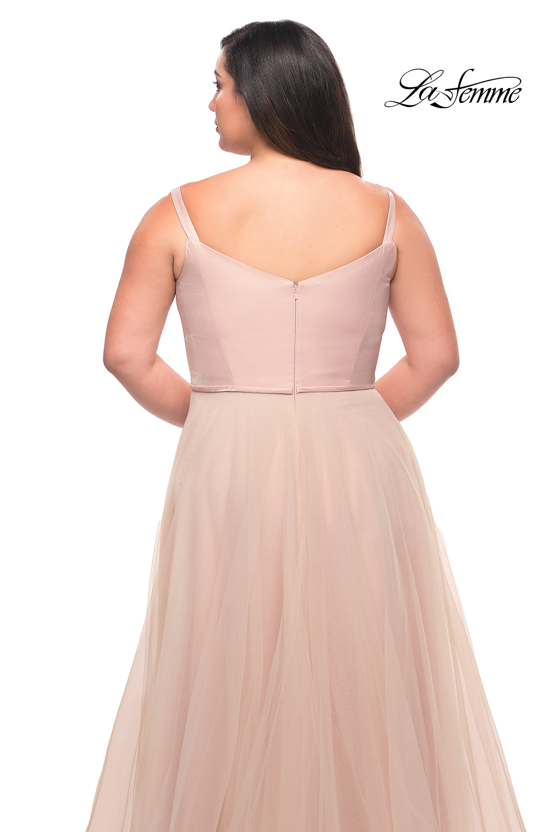 Picture of: Long Plus Size Gown with Tulle Skirt and Satin Top in Blush, Style: 29072, Detail Picture 6