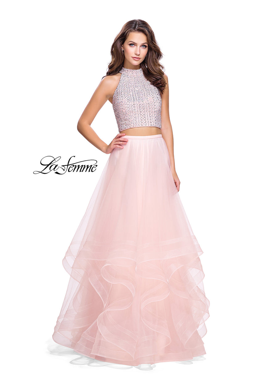 Picture of: Two Piece Prom Gown with Ruffle Tulle Skirt and Beading in Blush, Style: 26077, Main Picture