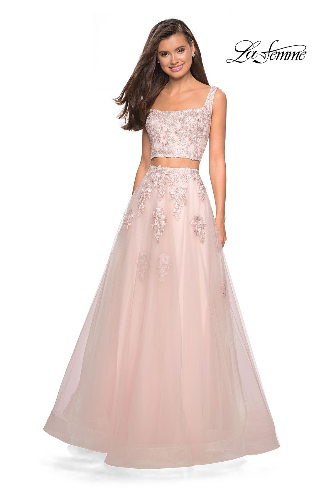 Picture of: Two Piece Floor Length Prom Dress with Lace Detail in Blush, Style: 27489, Detail Picture 8