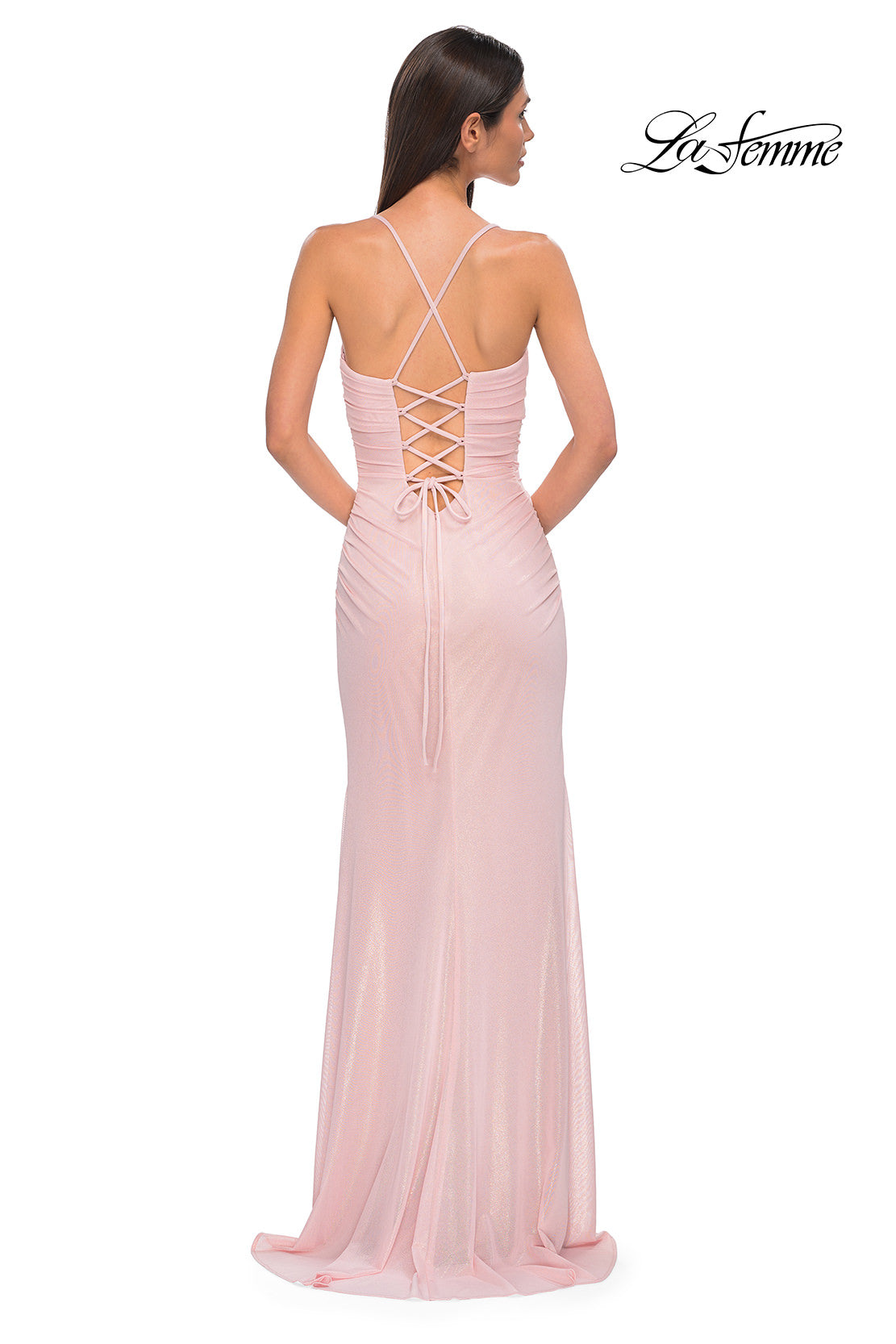 Picture of: Pastel Prom Dress with Metallic Fabric and Lace Up Back in Blush , Style 32964, Detail Picture 8