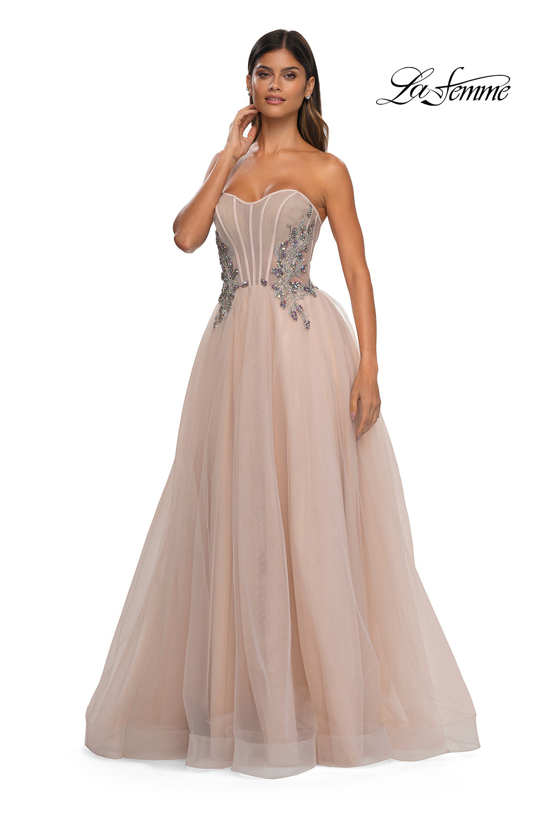 Picture of: Tulle A-line Prom Dress with Beautiful Rhinestone Side Detail in Blush, Style: 32767, Detail Picture 9