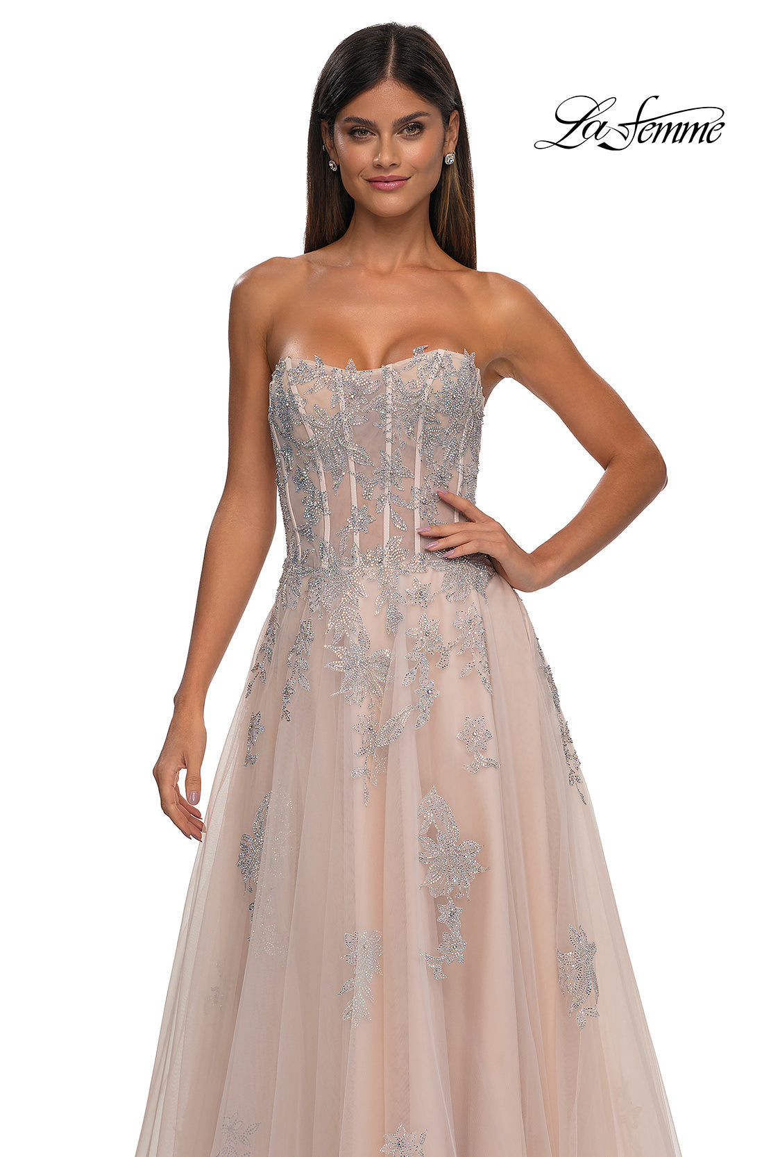 Picture of: Tulle A-line Prom Dress with Gorgeous Rhinestone Lace Applique in Blush, Style: 33028, Detail Picture 9
