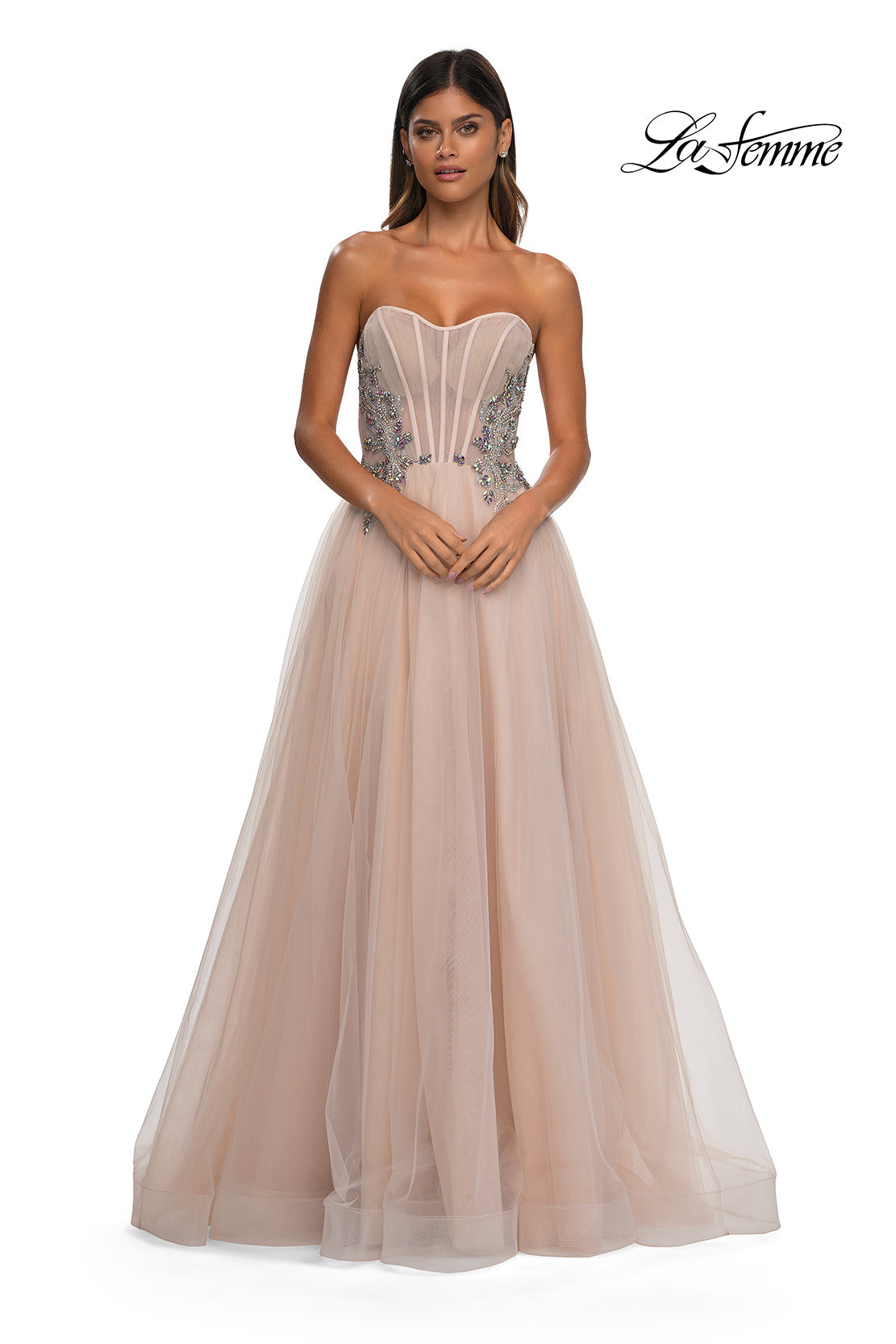 Picture of: Tulle A-line Prom Dress with Beautiful Rhinestone Side Detail in Blush, Style: 32767, Detail Picture 11
