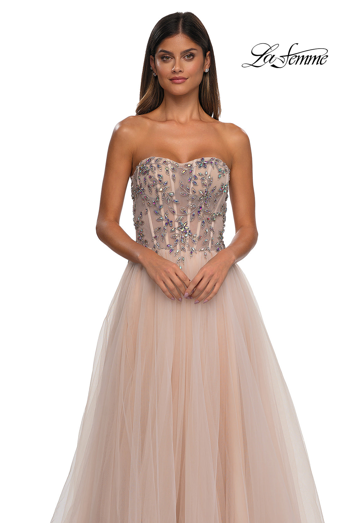 Picture of: A-line Tulle Prom Dress with Stunning Floral Beaded Design in Blush, Style: 32862, Detail Picture 12
