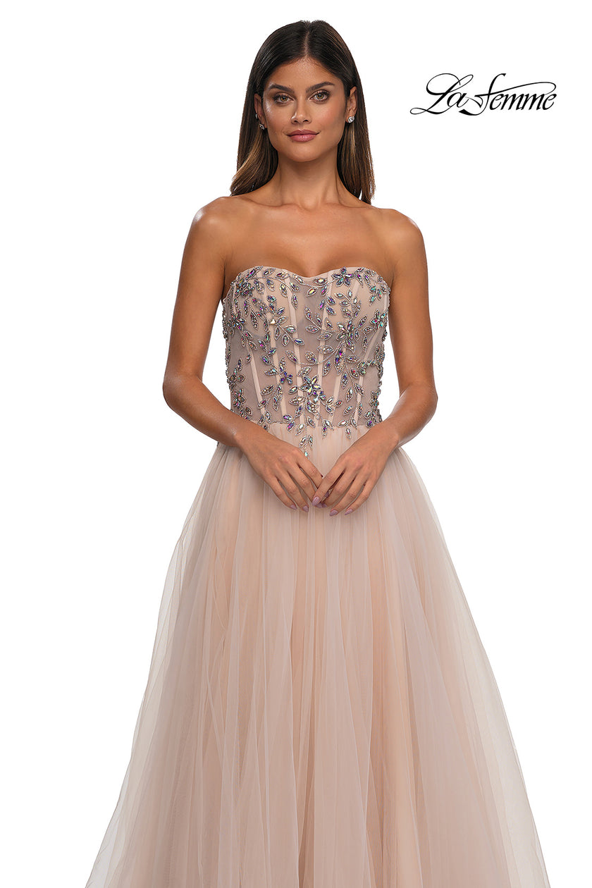 Picture of: A-line Tulle Prom Dress with Stunning Floral Beaded Design in Blush, Style: 32862, Detail Picture 12