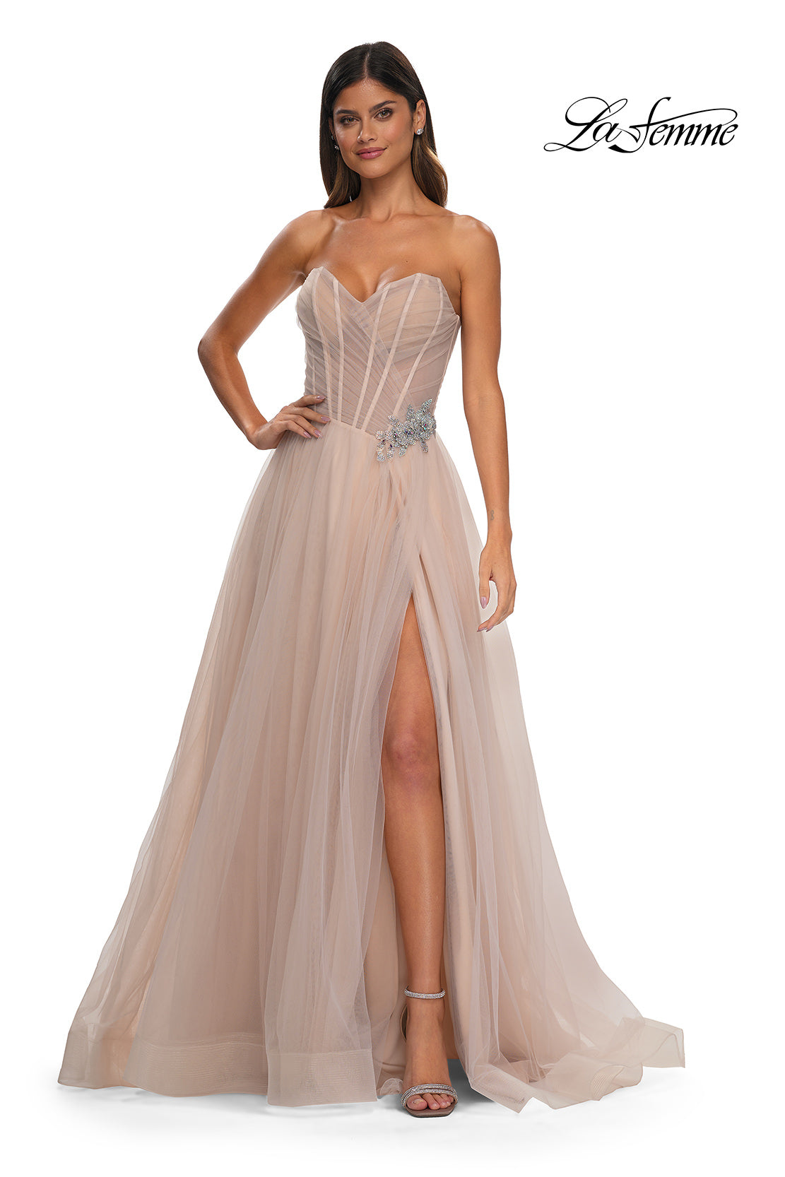 Picture of: Strapless A-line Tulle Dress with Floral Waist Detail in Blush, Style: 32789, Detail Picture 14