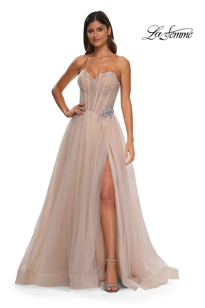 Picture of: Strapless A-line Tulle Dress with Floral Waist Detail in Blush, Style: 32789, Detail Picture 14