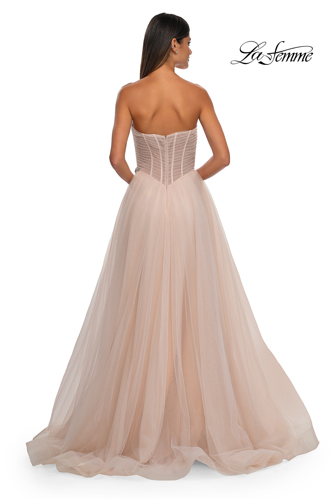 Picture of: Strapless A-line Tulle Dress with Floral Waist Detail in Blush, Style: 32789, Detail Picture 15