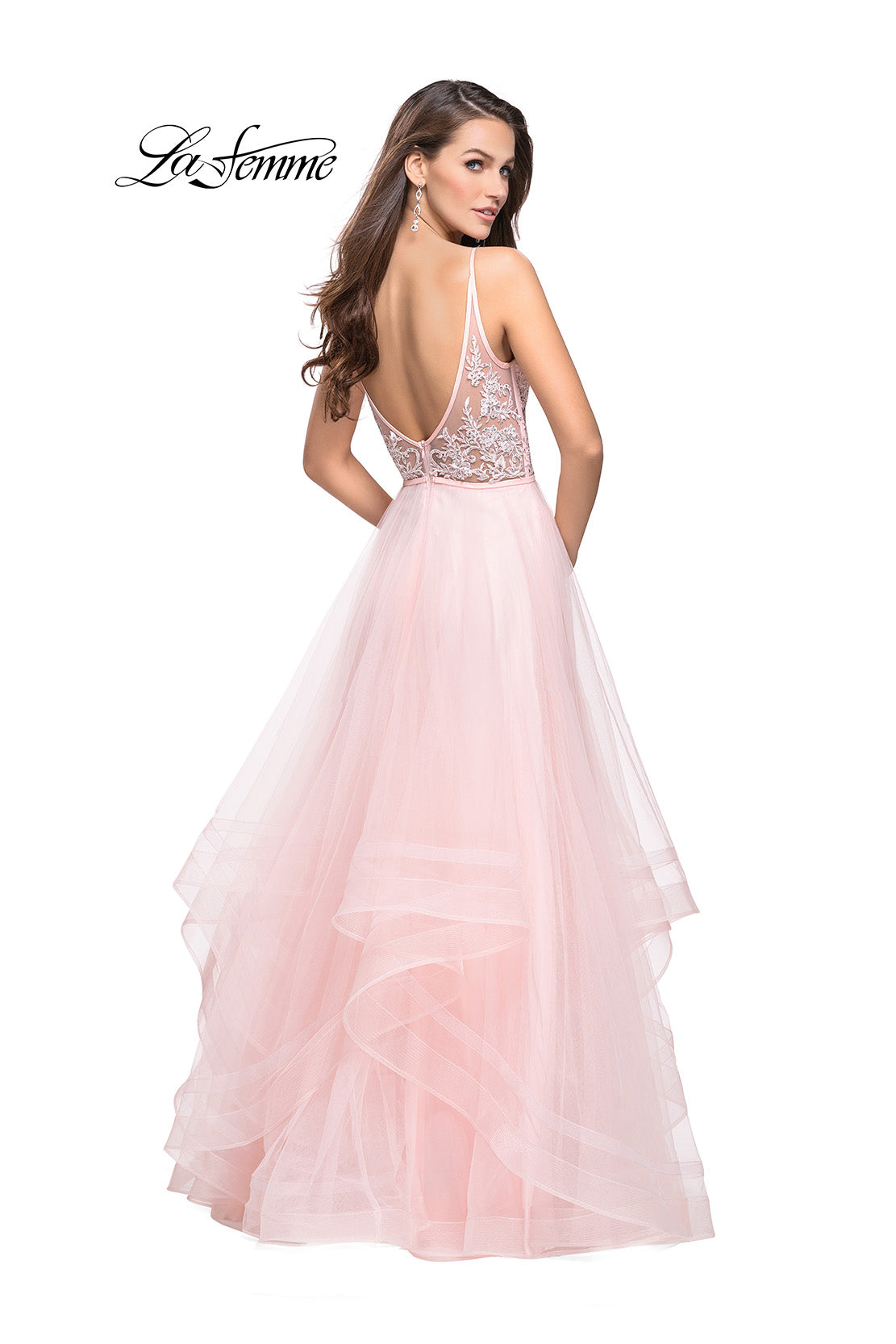 Picture of: Prom Dress with Tulle Skirt and Lace Beaded Bodice in Blush, Style: 25639, Back Picture