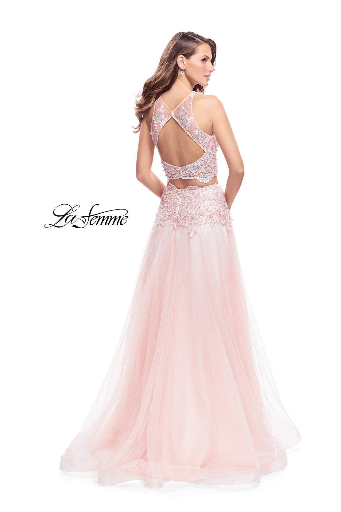 Picture of: Beaded and Lace Two Piece Dress With Tulle Skirt in Blush, Style: 26309, Back Picture