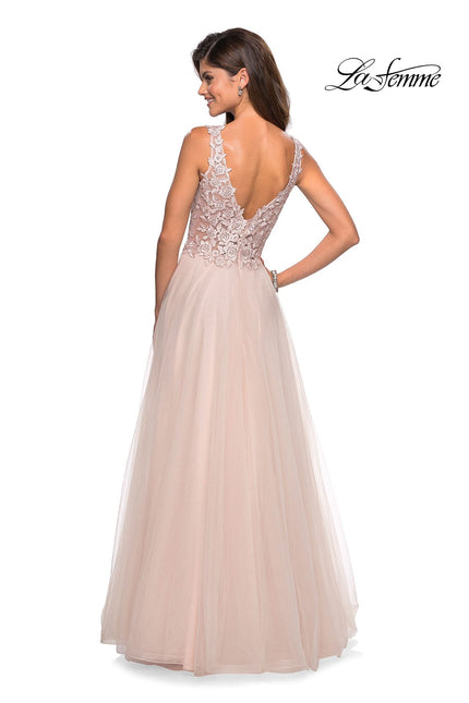 Picture of: Long Tulle Gown with Embellished Sheer Bodice in Blush, Style: 27574, Back Picture