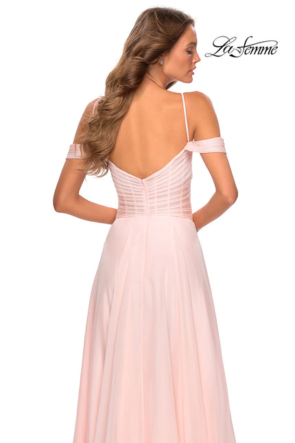 Picture of: Off the Shoulder Chiffon Dress with Scoop Back in Blush, Style: 28942, Back Picture