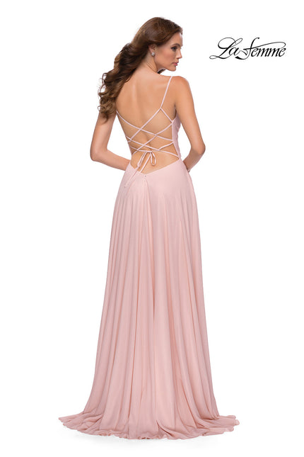 Picture of: Metallic Crepe Chiffon Gown with Ruching and Full Skirt in Blush, Style 29775, Back Picture