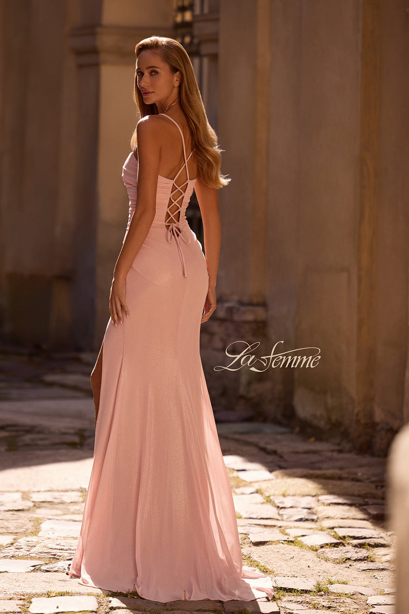 Picture of: Pastel Prom Dress with Metallic Fabric and Lace Up Back in Blush , Style: 32964, Back Picture