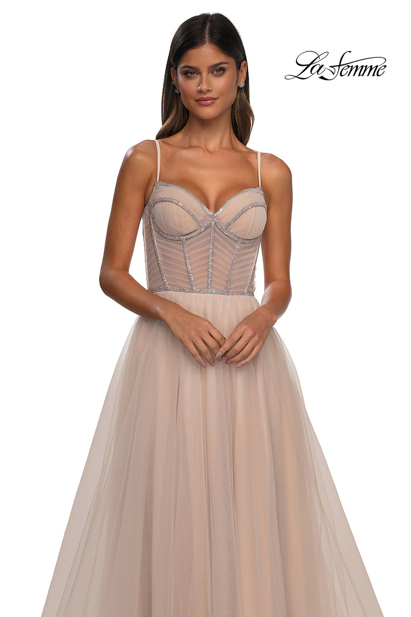 Picture of: Tulle A-line Prom Dress with Rhinestone Detail on Corset Top in Blush, Style: 32675, Detail Picture 19