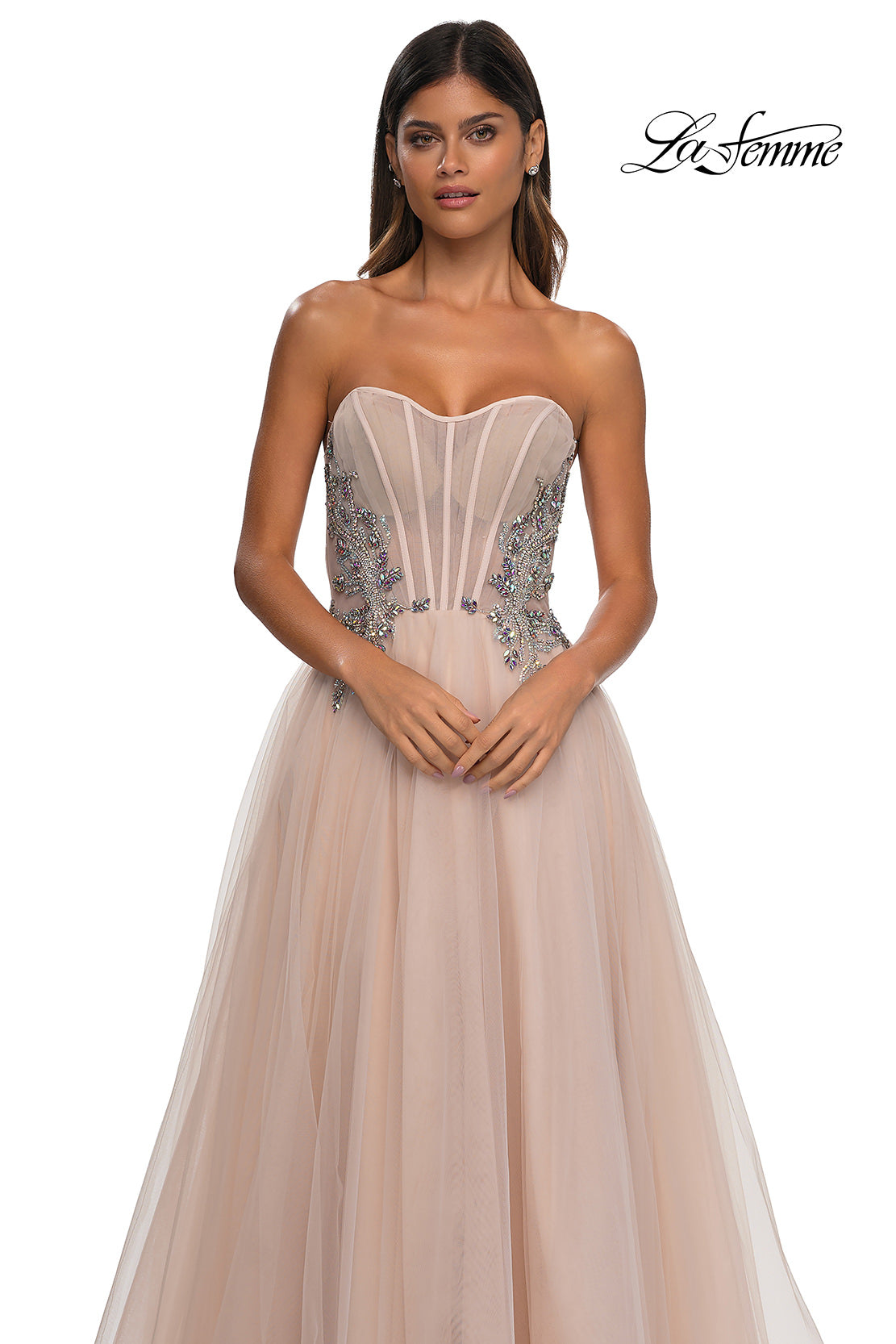 Picture of: Tulle A-line Prom Dress with Beautiful Rhinestone Side Detail in Blush, Style: 32767, Detail Picture 25
