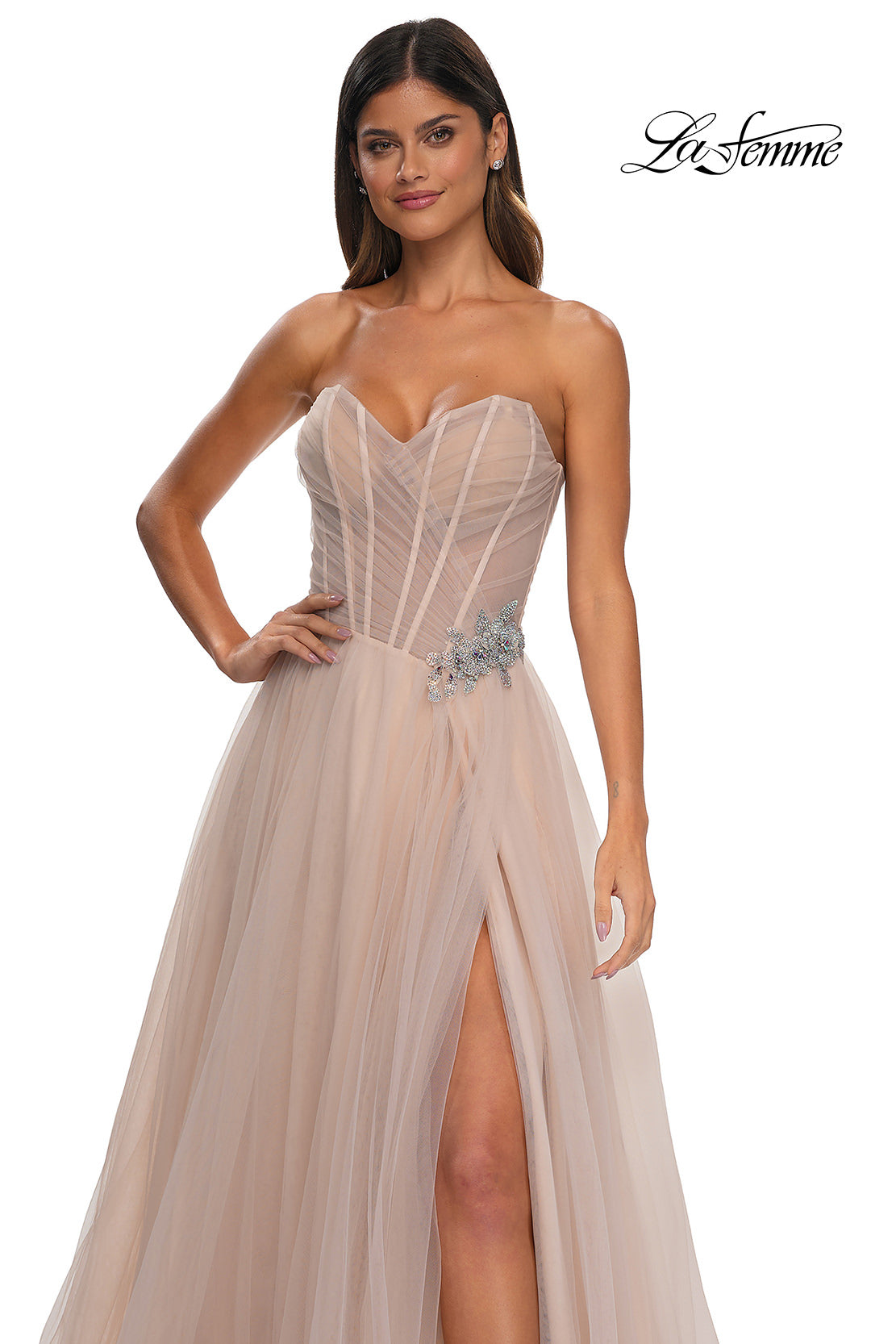 Picture of: Strapless A-line Tulle Dress with Floral Waist Detail in Blush, Style: 32789, Detail Picture 25