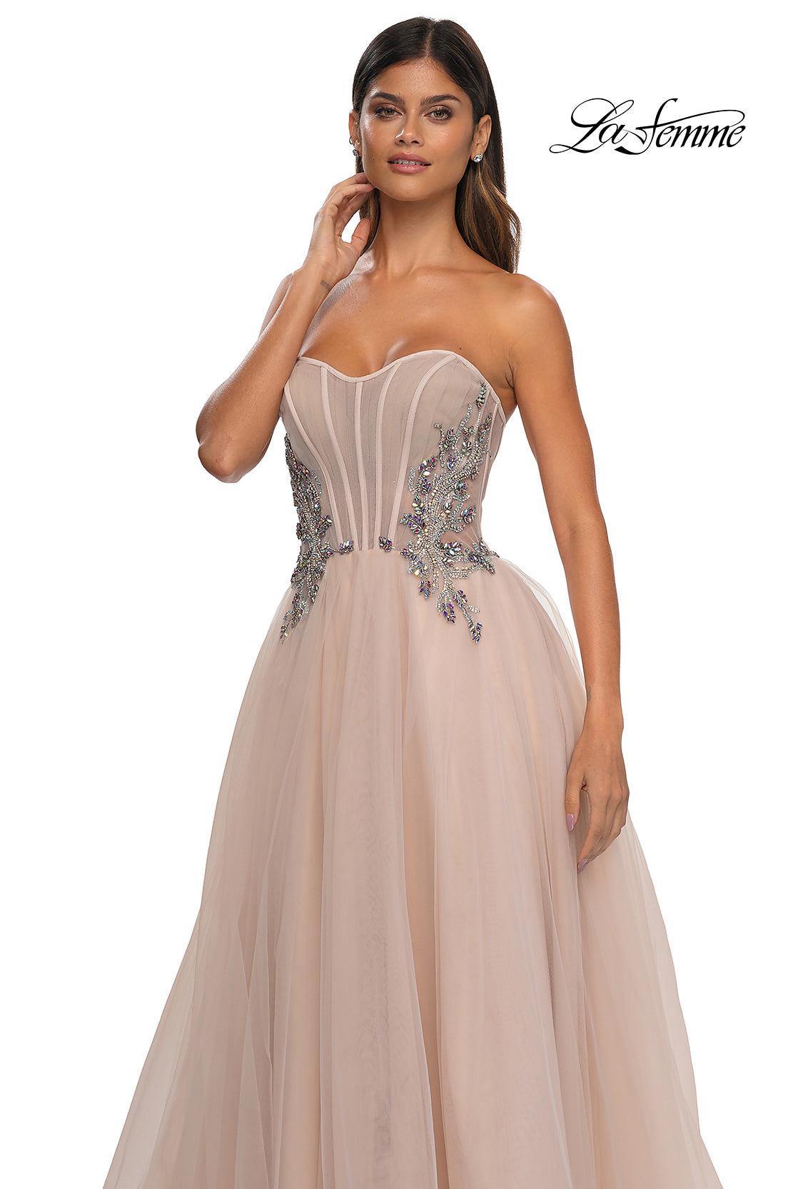 Picture of: Tulle A-line Prom Dress with Beautiful Rhinestone Side Detail in Blush, Style: 32767, Detail Picture 26