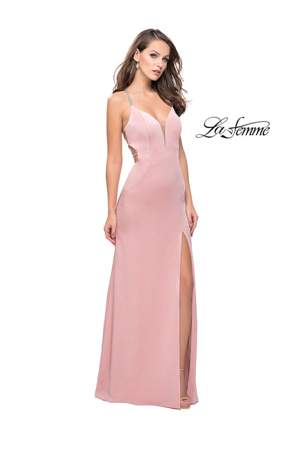 Picture of: Long Jersey Prom Dress with Plunging Neckline and Beading in Blush, Style: 25398, Detail Picture 1