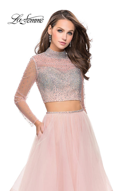Picture of: Long Sleeve Two Piece Dress with Tulle Ruffle Skirt in Blush, Style: 25555, Detail Picture 1