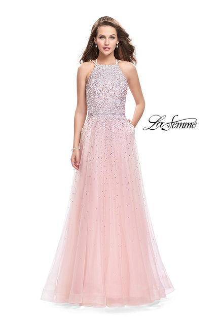 Picture of: High Neck Tulle A-line Prom Dress with Pockets in Blush, Style: 26250, Detail Picture 1