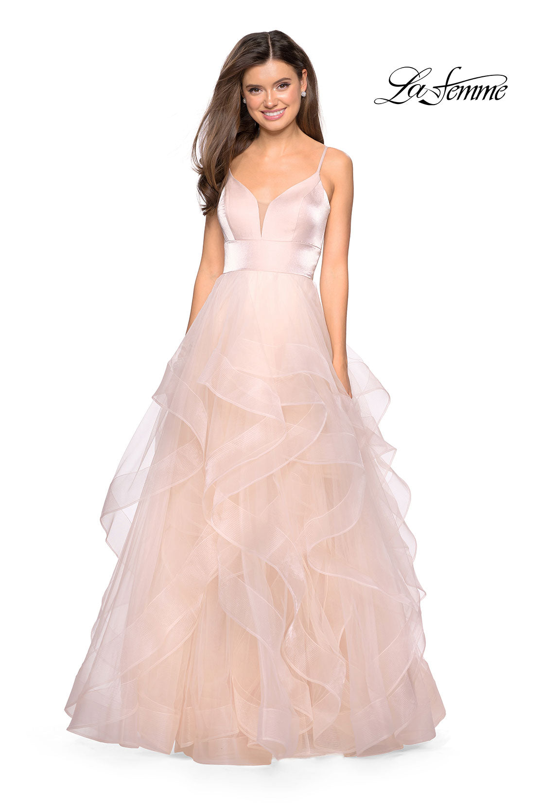 Picture of: Cascading Tulle Gown with Satin Top and V Back in Blush, Style: 27502, Detail Picture 2