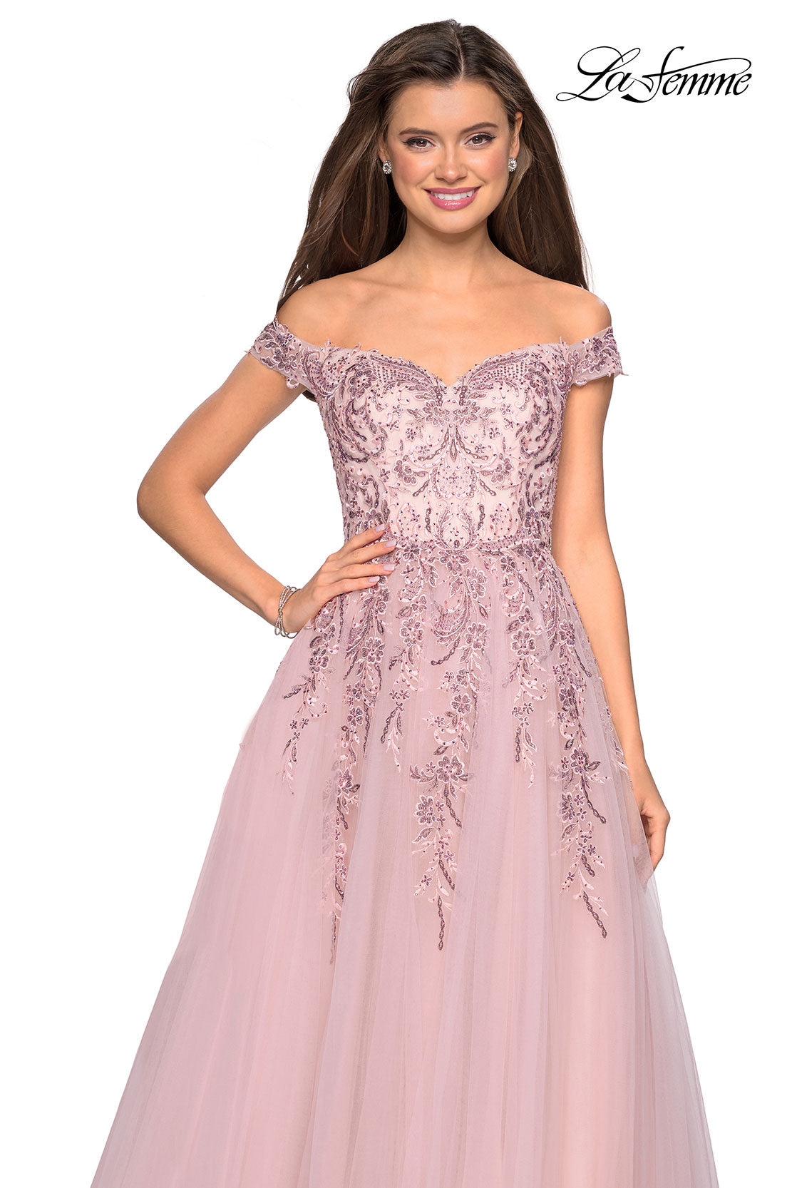 Picture of: Off the Shoulder Tulle Gown with BEaded Embellishments in Blush, Style: 27595, Detail Picture 1