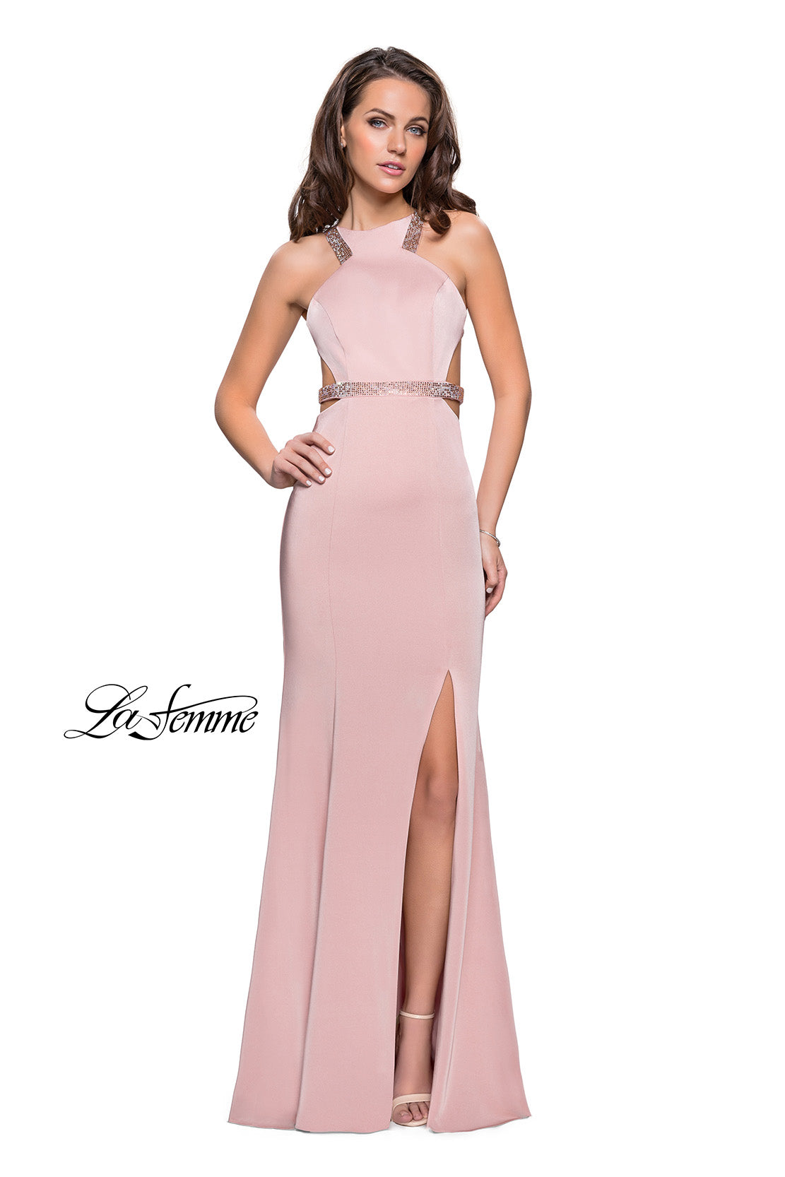 Picture of: Beaded Form Fitting Long Prom Dress with Leg Slit in Blush, Style: 26129, Detail Picture 2