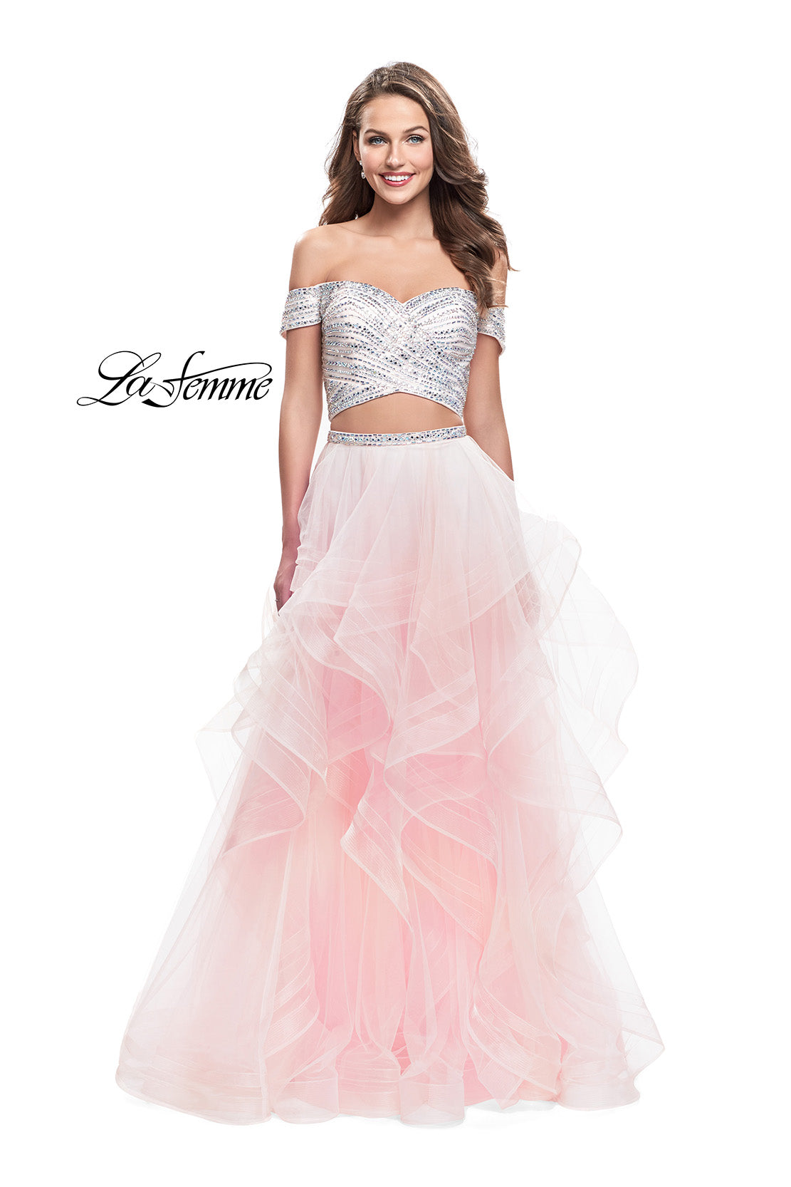 Picture of: Off the Shoulder A-line Gown with Ruffle Tulle Skirt in Blush, Style: 26169, Detail Picture 2