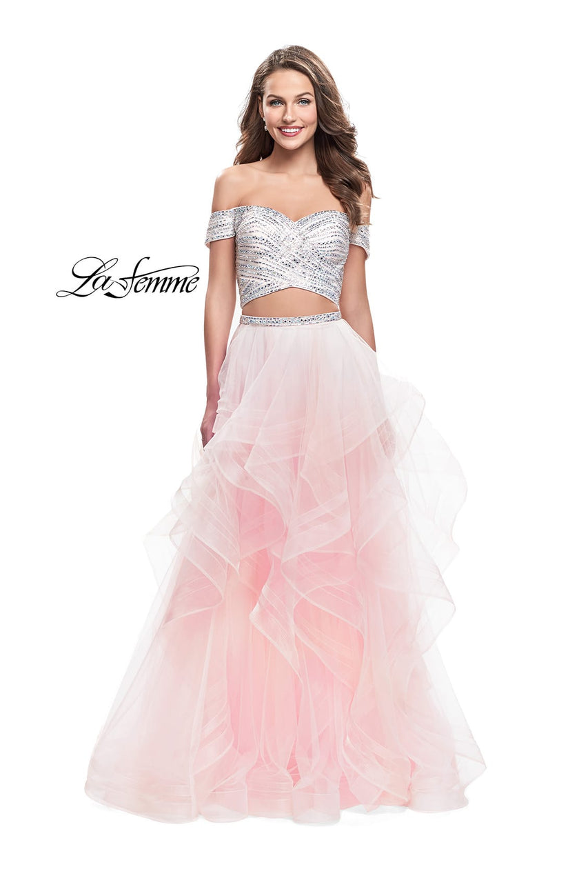 Picture of: Off the Shoulder A-line Gown with Ruffle Tulle Skirt in Blush, Style: 26169, Detail Picture 2