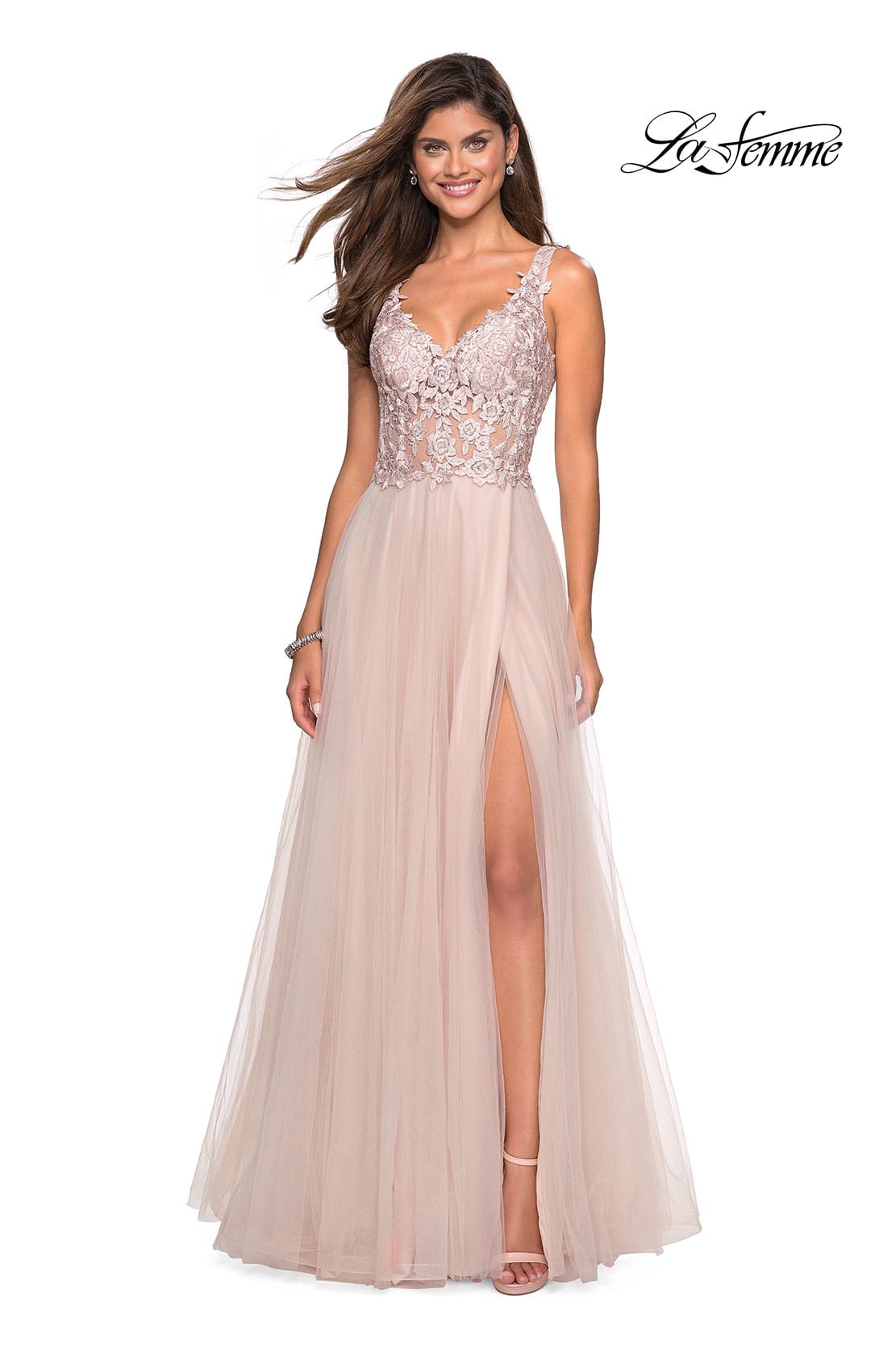 Picture of: Long Tulle Gown with Embellished Sheer Bodice in Blush, Style: 27574, Detail Picture 3