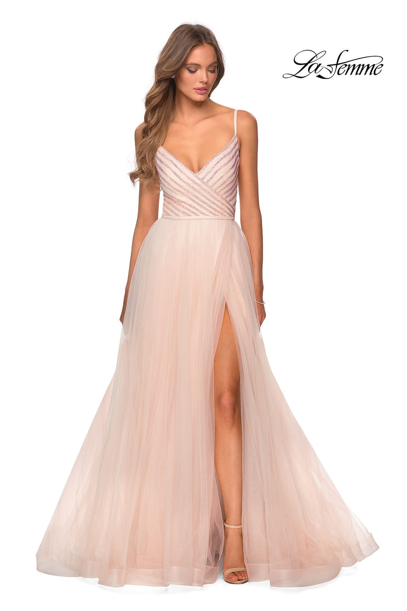Picture of: Tulle A-line Dress with Patterned Rhinestone Bodice in Blush, Style: 28511, Detail Picture 3