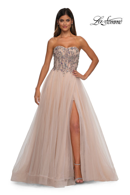 Picture of: A-line Tulle Prom Dress with Stunning Floral Beaded Design in Blush, Style: 32862, Detail Picture 3