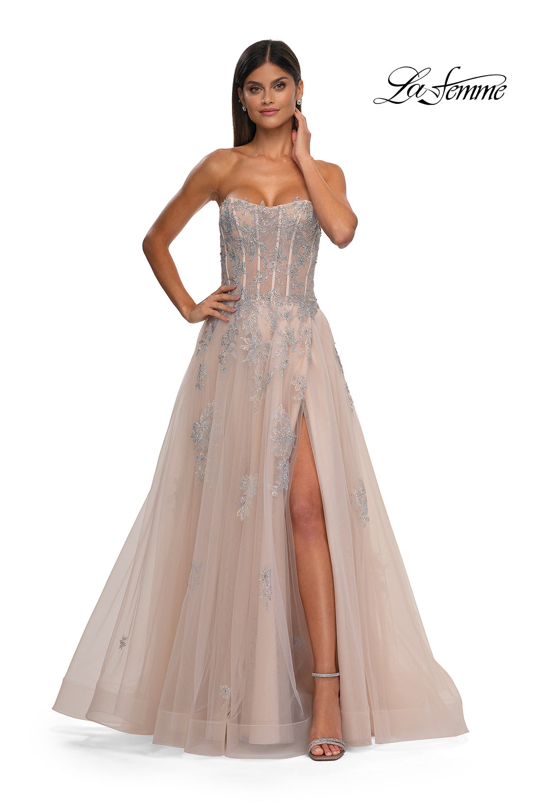 Picture of: Tulle A-line Prom Dress with Gorgeous Rhinestone Lace Applique in Blush, Style: 33028, Detail Picture 4