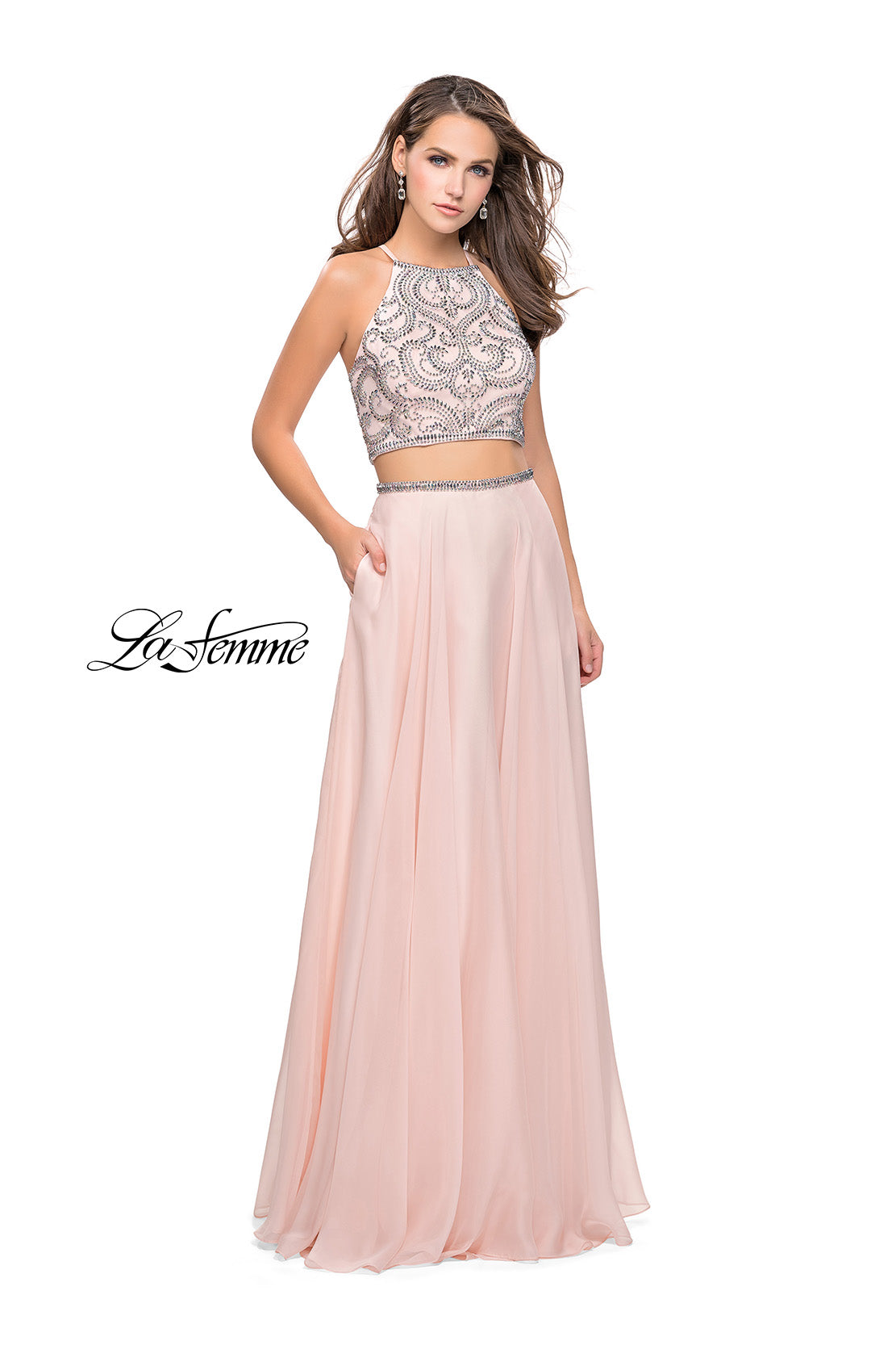 Picture of: Long Two Piece Dress with Beading and Strappy Back in Blush, Style: 25469, Detail Picture 5