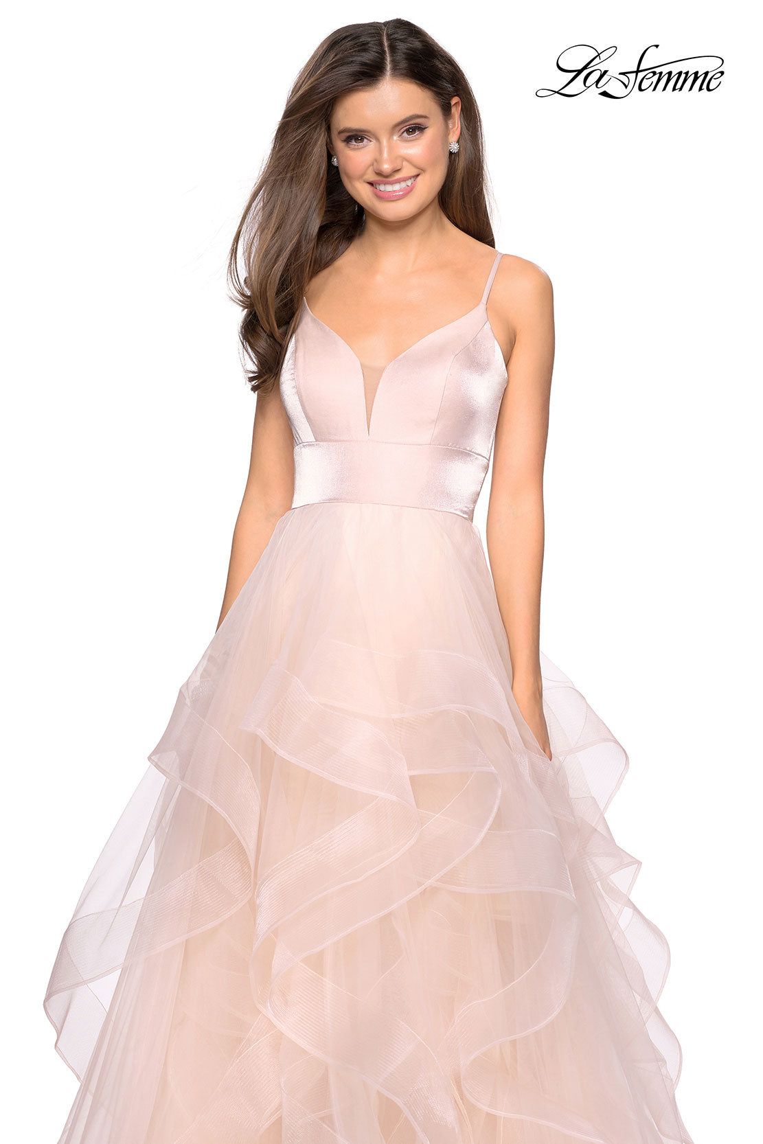 Picture of: Cascading Tulle Gown with Satin Top and V Back in Blush, Style: 27502, Detail Picture 5