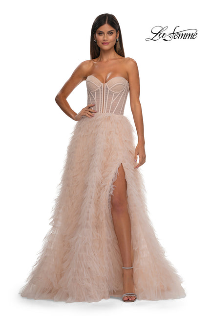 Picture of: Soft Ruffle Tulle Gown with an Illusion Corset Style Top in Blush , Style: 32528, Detail Picture 5