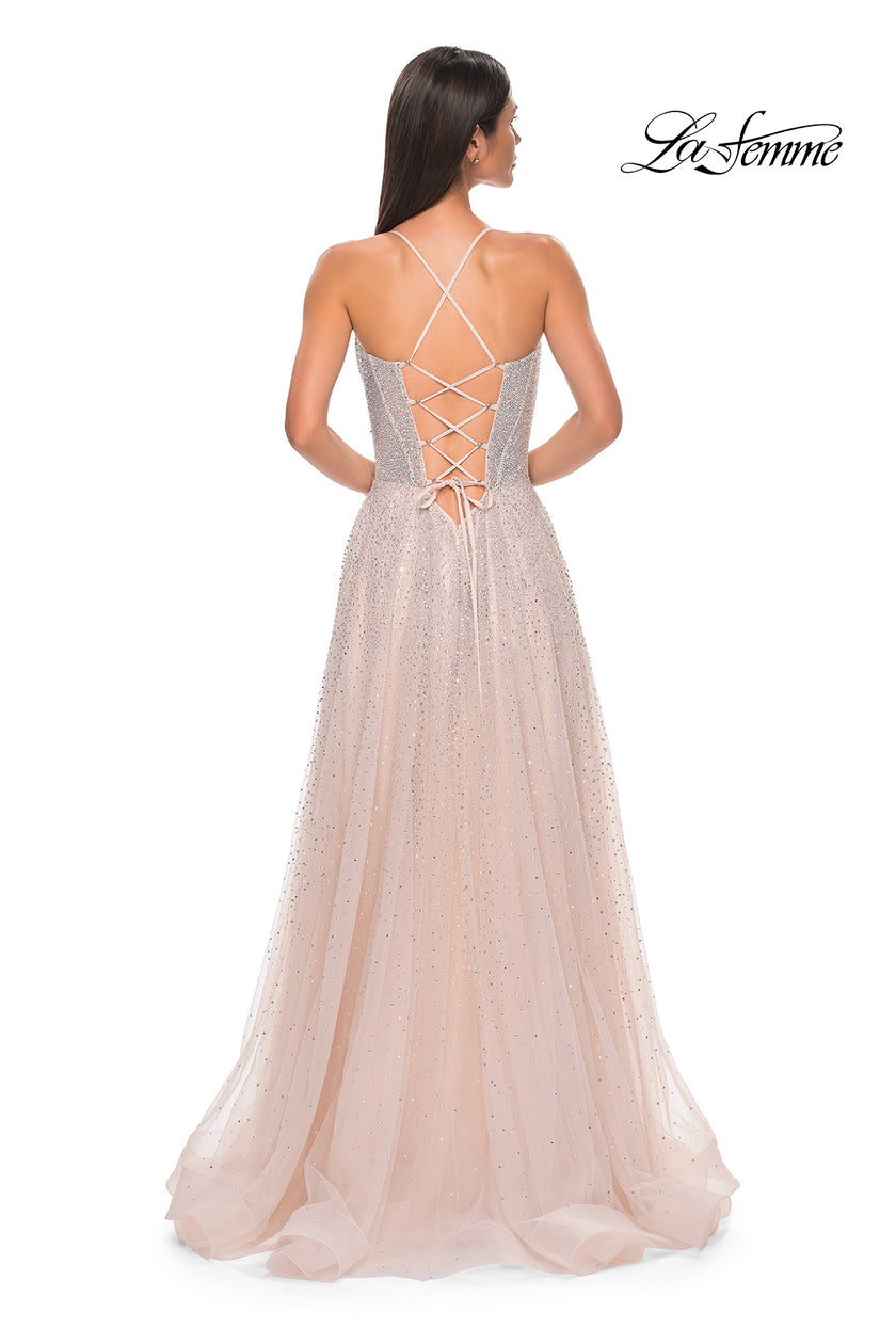 Picture of: Prom Gown with Rhinestone Tulle and Illusion Corset Bodice in Blush , Style 32725, Detail Picture 5