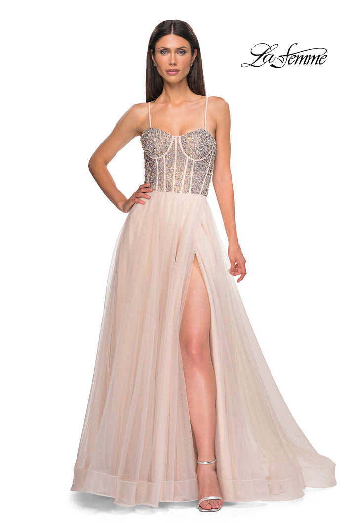 Picture of: Rhinestone Embellished Corset with Lace Up Back and Tulle Skirt in Blush , Style 32703, Detail Picture 6